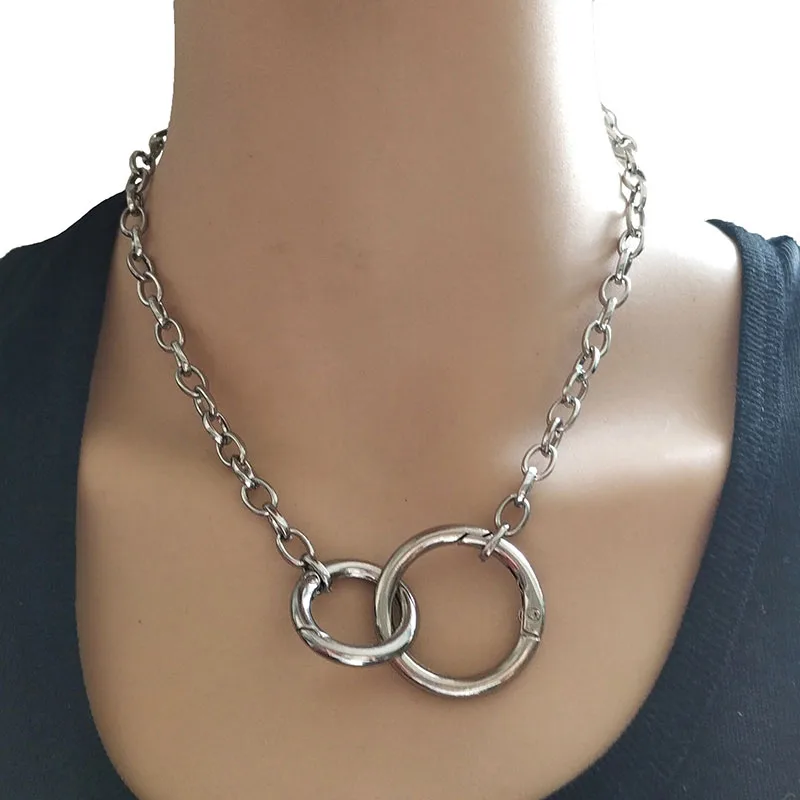 Double Round Circle Lasso Chain Choker Handcuffs Pendant Charm Necklace Cool Collar Statement Necklaces