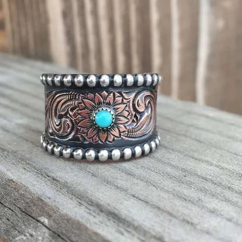 

2024 Trend Rose Gold Two-Tone Retro Full Circle Embossed Blue Turquoise Copper Ring Women's Rings Men's Ring Mens Jewellery