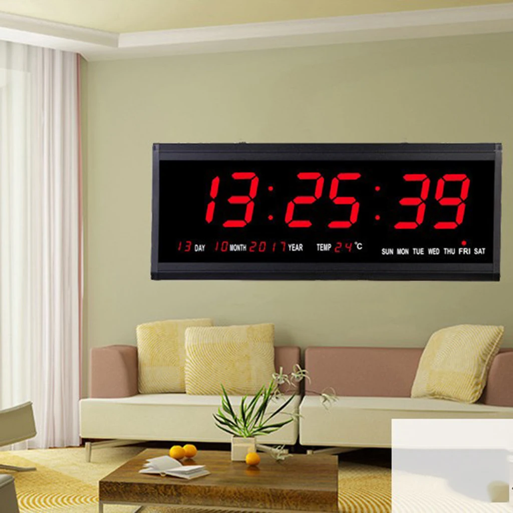 Digital LED Screen Projection Wall Clock Time Calendar with Indoor Thermometer 24H Display - Days/Month/Year EU