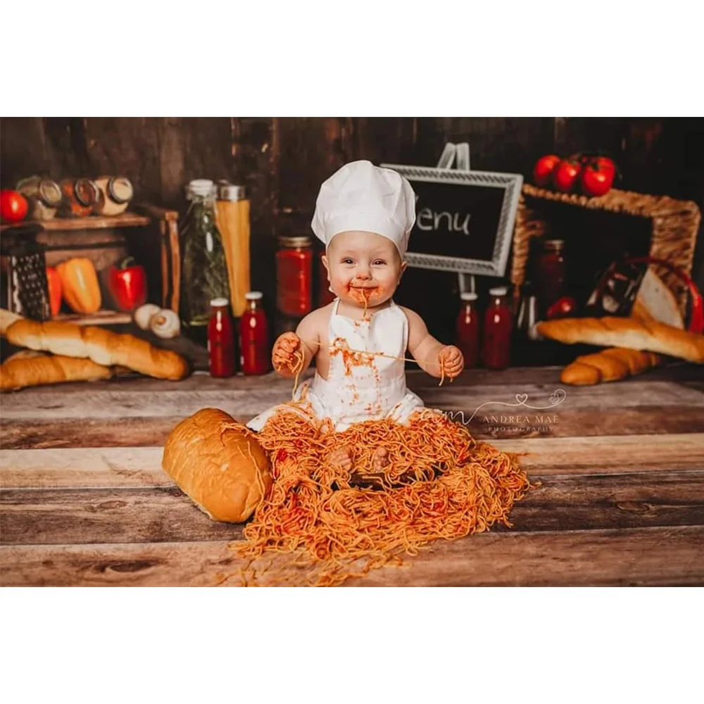 Menu kitchen Newborn Little Chef Birthday Portrait Backdrop Photo Studio Cook Birthday Cake Smash Background Wooden Bread Tomato