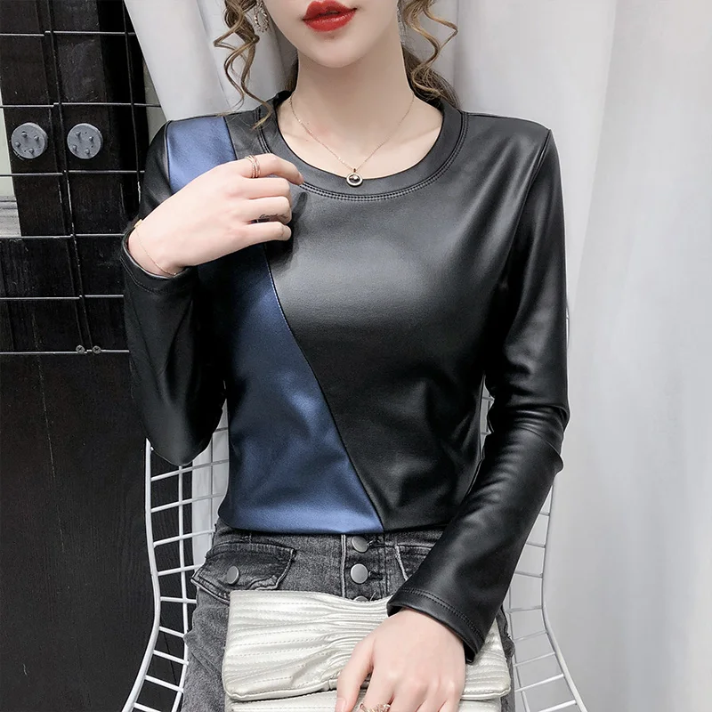 Winter Women\'s Blouse Leather Tops for Women Patchwork Oversize 4XL PU Leather Shirt Women Elastic Warm Velvet Top Women Shirts