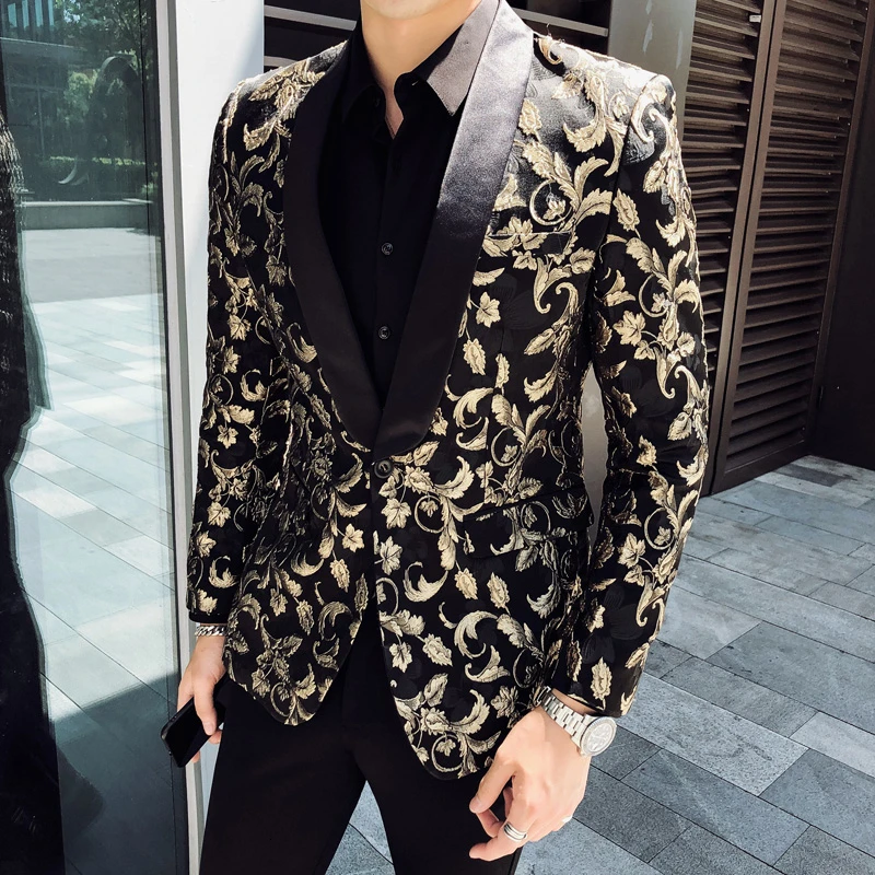

Jacquard Bronzing Gold Floral Blazer Men Party Stage Singer Costume Homme 2020 Brand New Mens Patchwork One Button Blazer Jacket