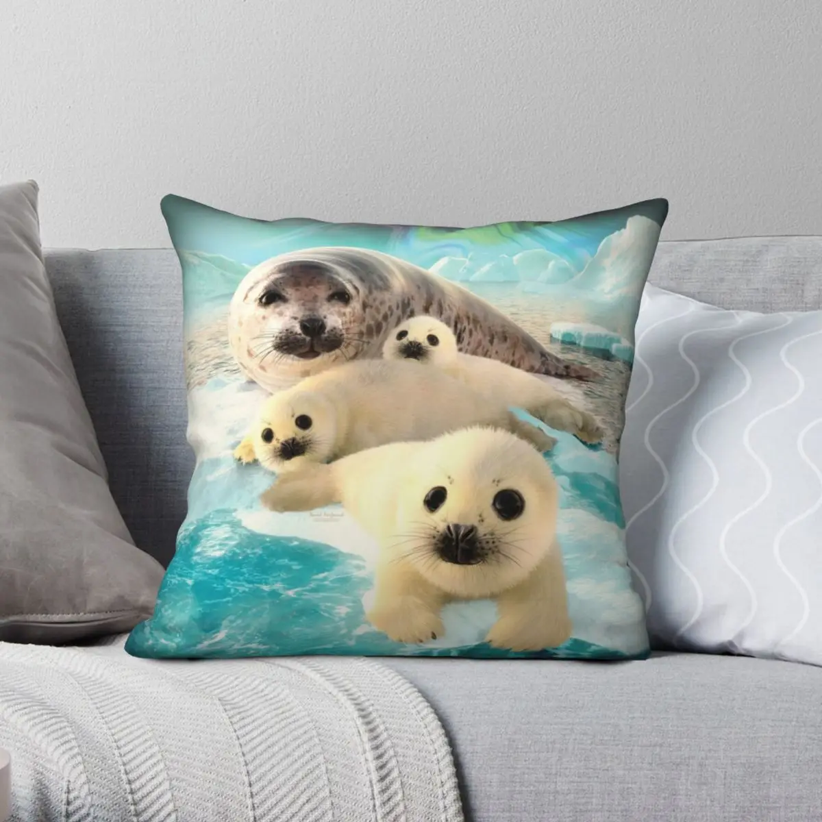 Grey Seals Arctic Square Pillowcase Polyester Linen Velvet Printed Zip Decor Bed Cushion Cover