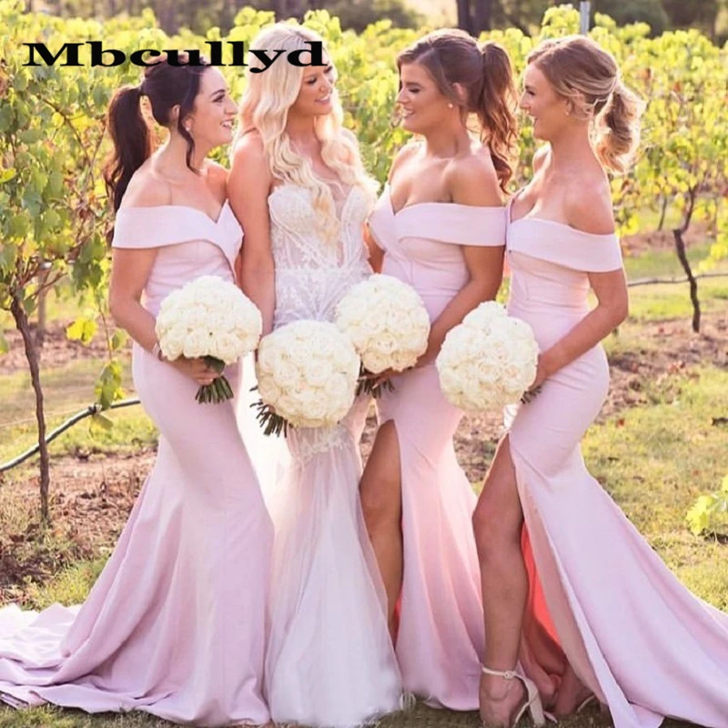 Elegant Pink Long Mermaid Bridesmaid Dresses 2023 Off The Shoulder Maid Of Honor Dress with Slit Wedding Party Gowns For Women