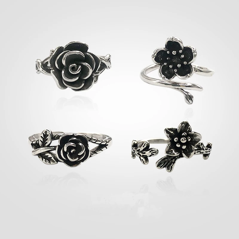 Retro Silver Black Rose Flower Rings for Women Girls Vintage Not Fade Flower Finger Rings Party Jewelry Gift