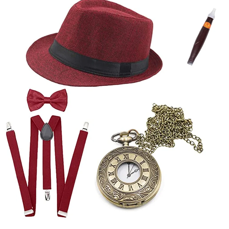 Traje de juego de rol para fiesta Gatsby, sombrero de copa Vintage, reloj de bolsillo, cigarro falso, tirantes, Barba, ecoparty, 1920s