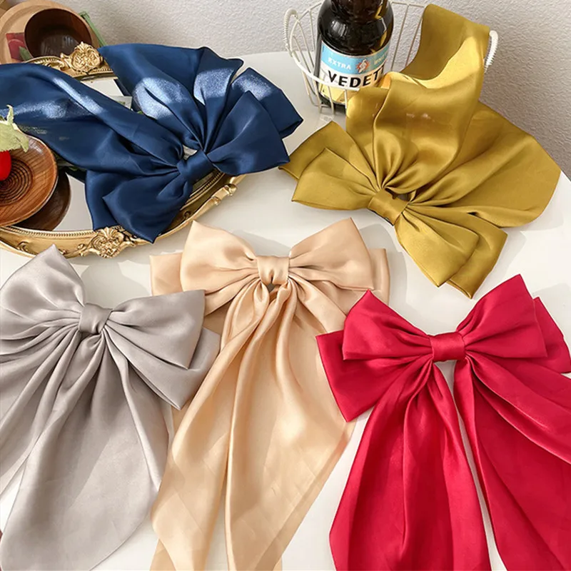 Mode Blau Große Bogen Haarnadel Frauen Satin Chiffon Big Bowknot Bogen Barrettes Einfarbig Pferdeschwanz Clips für Mädchen Zubehör Hot