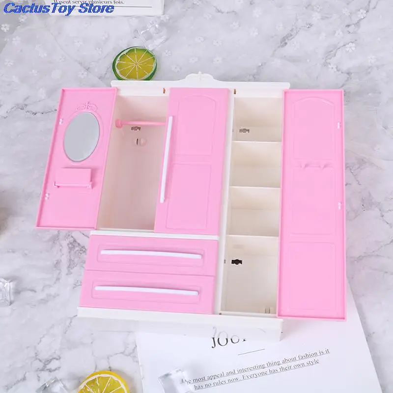 2020 New Three-door Pink Modern Wardrobe for Barbie Furniture Clothes Accessories with Dressing Mirror Girls Toy