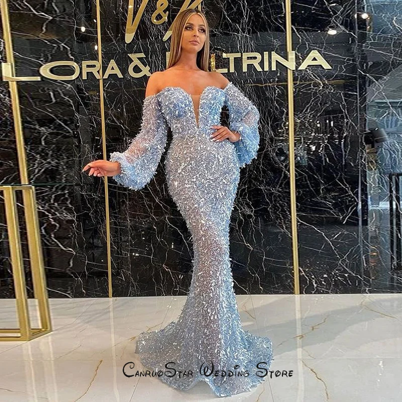 Sky Blue Sequined Beaded Evening Dresses Mermaid Long Puffy Sleeve Sweetheart Hot Sale Prom Dress Party Gown فساتين السهرة 2020