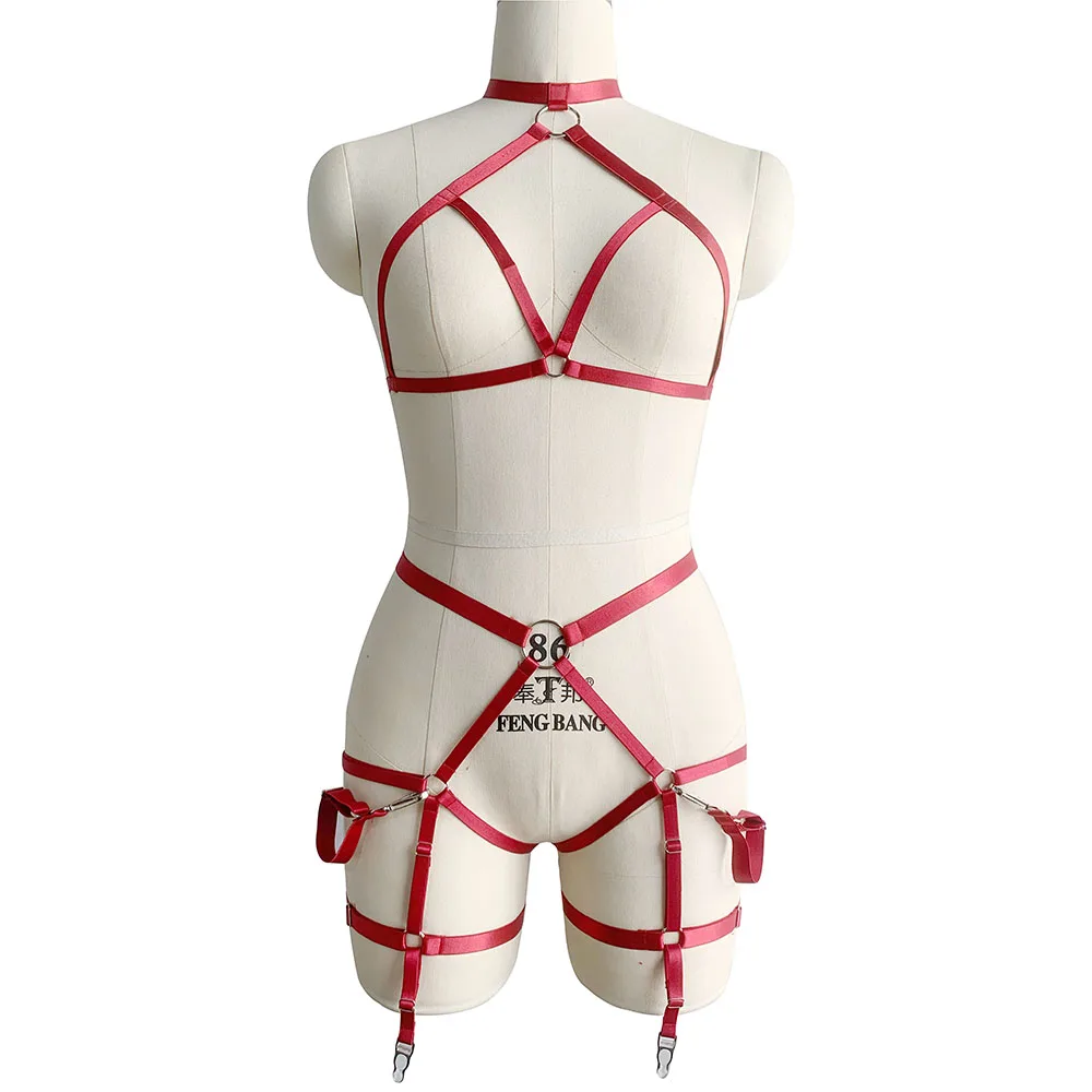 

Women Red Leg Garter Body Harness Set Elastic Adjustable Sexy Lingerie Body Cage Bondage Harness Bra Fetish Punk Goth Harness