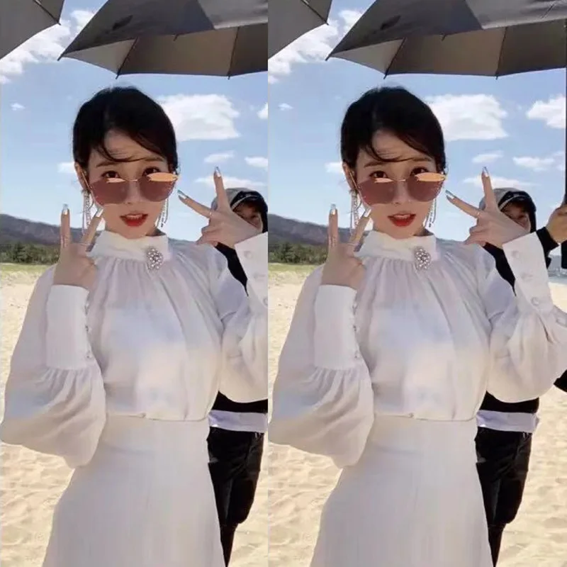 Kpop IU Lee Ji Eun Party Temperament White Stand Collar Long Sleeve Shirt + Elegant High Waist Long Skirts Two Piece Set Women