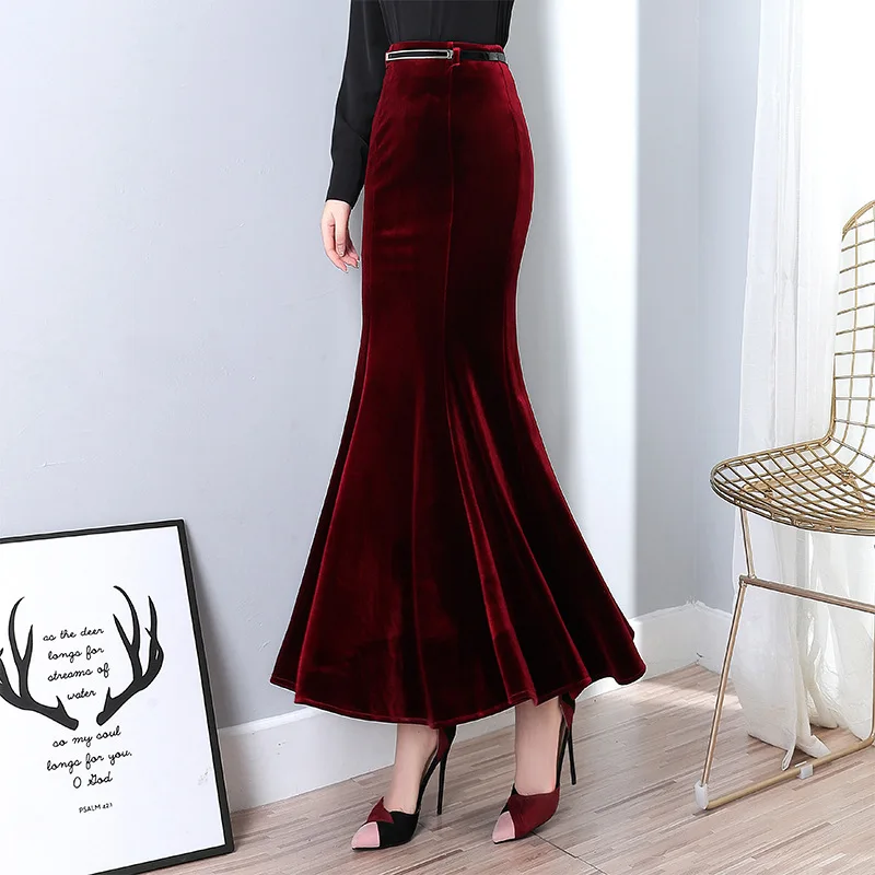 

Autumn Ladies 90Cm Long Velvet Claret Skirts Winter Women Oversize High Waist Maxi Ruffles Black Mermaid Skirt DS312