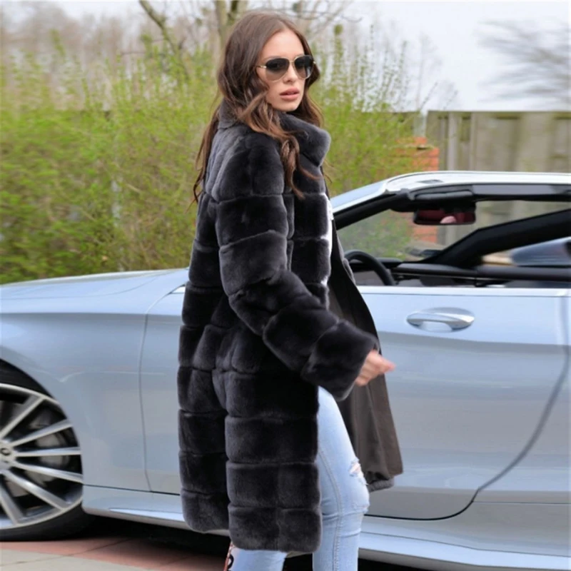 Femmes hiver mode longue Rex manteau de fourrure de lapin gris foncé naturel véritable fourrure de lapin col montant veste femme pardessus