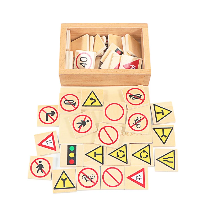 Baby Toy Montessori Materials Wood Traffic Domino Blocks Traffic Sign Toys for Children Early Educational Learning Kingdergarden