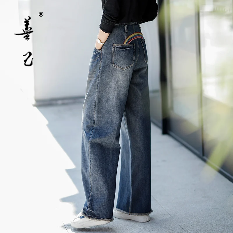 Tiihailey – pantalon Long en Denim pour femme, Jeans à jambes larges, taille 26 à 34, broderie d'automne, haute qualité, livraison gratuite, nouvelle collection 2021