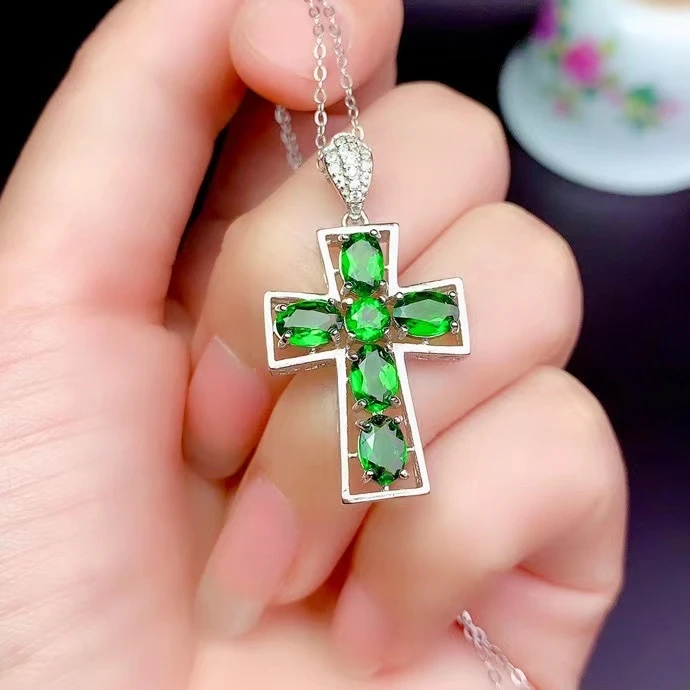 Newest cross diopside/tourmaline pendant of necklace for women jewelry real 925 silver natural gem Festival gift God Bless u