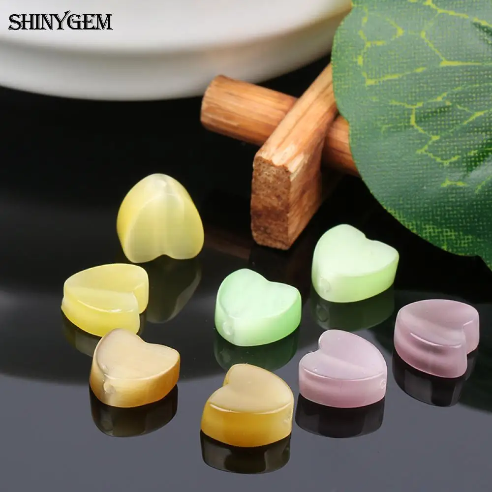 

ShinyGem 8mm/10mm Resin Heart Shape Natural Cat Eye Stone Charm Loose Bead For DIY Jewelry Making Random Sending Colors 30pcs