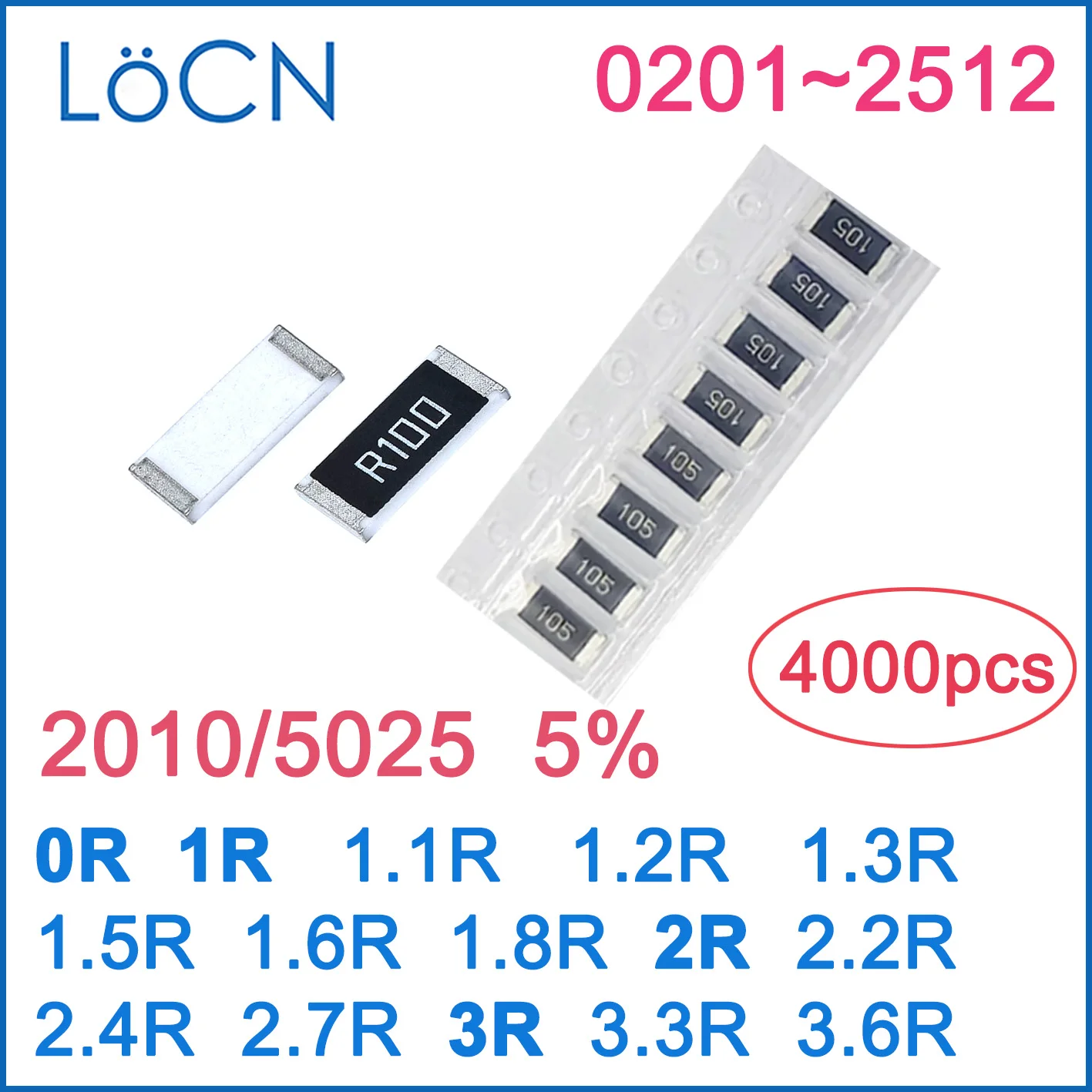 

2010 J 5% 4000PCS 0R 1R 1.1R 1.2R 1.3R 1.5R 1.6R 1.8R 2R 2.2R 2.4R 2.7R 3R 3.3R 3.6R OHM High quality 5025 SMD resistor