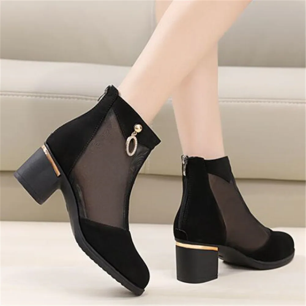 Summer Mesh Cool Ankle Boots Female Closed Toe Sandals Sexy Square Heels Single Shoes Women 2024 Spring Autumn Gauze Pumps Mujer