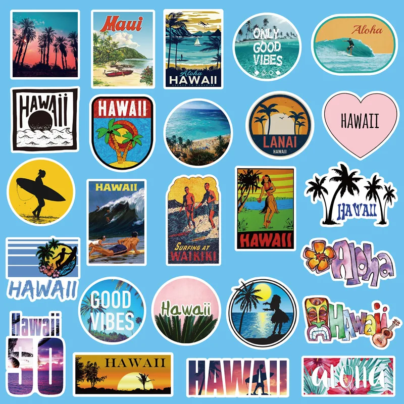 10/30/50PCS Outdoor Hawaii Surfing Stickers Summer Tropical Beach Surfing Waterproof DIY Surfboard Car Skateboard Decal Sticker