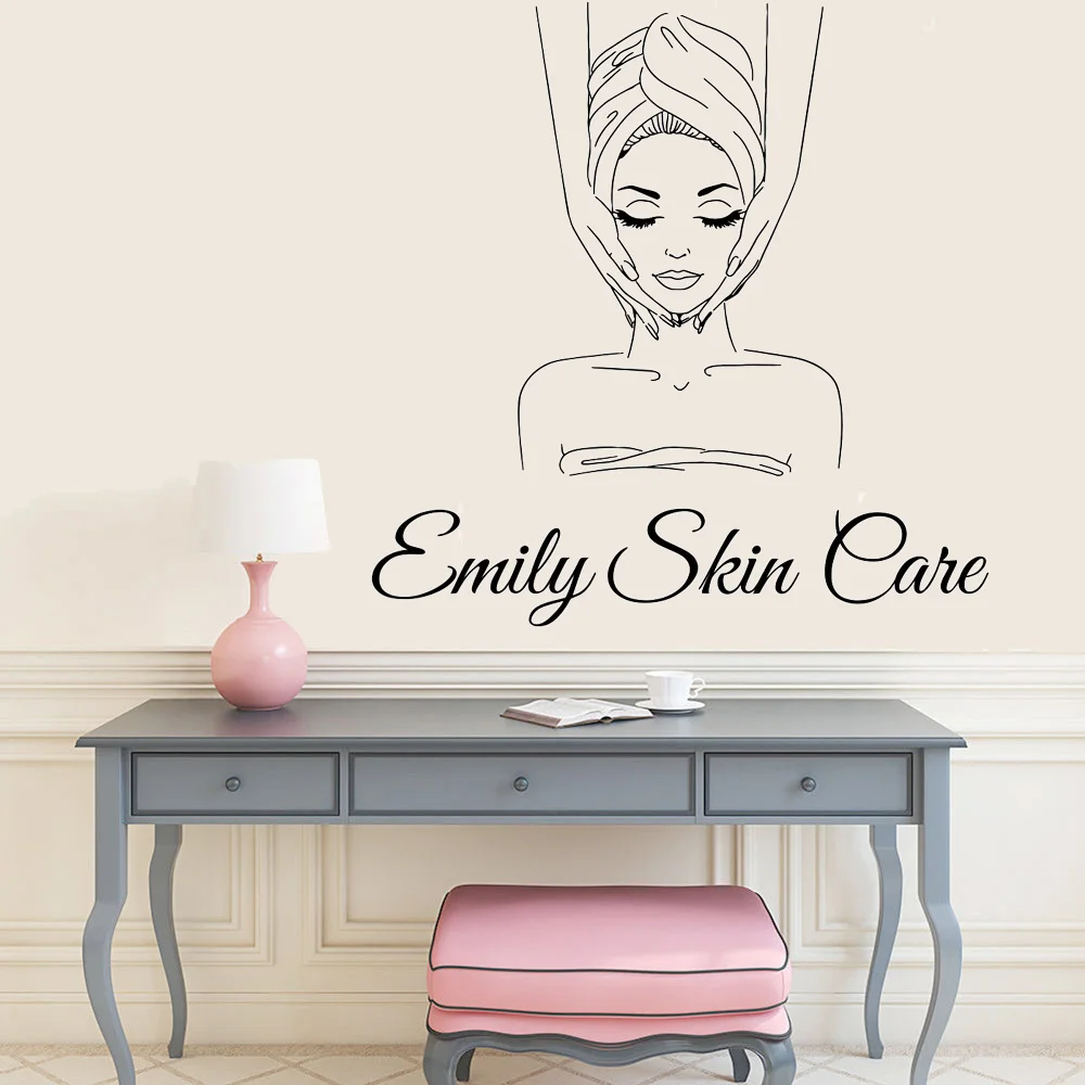 Custom Name Skin Spa Beauty Salon Wall Decal Personalized Name Facials Skincare Salon Wall Sticker Shop Vinyl Decor