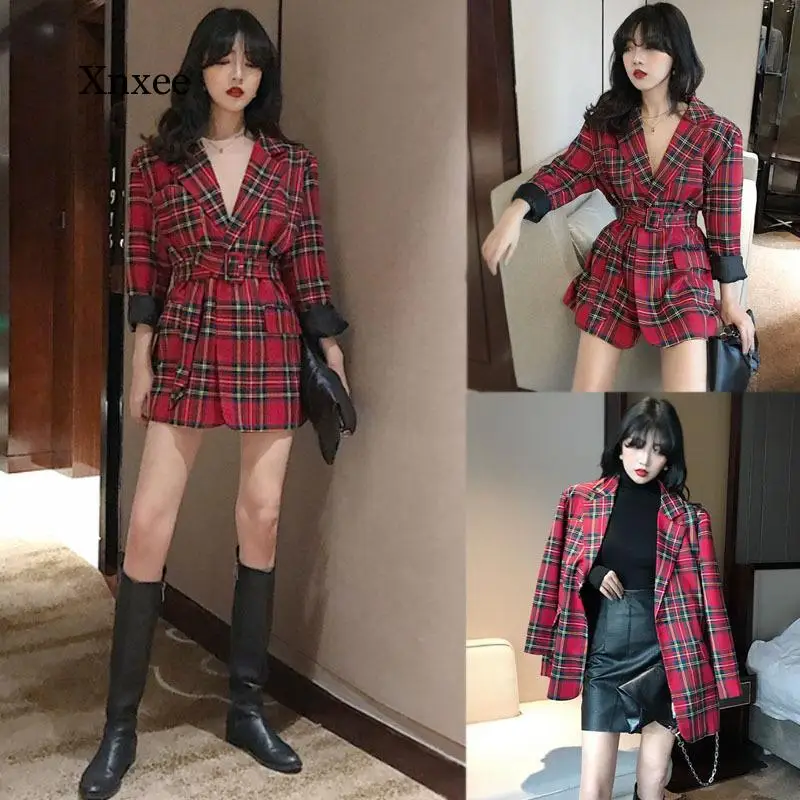 Elegant Red Plaid Mini A-Line Suit Dress Coat Women Streetwear Jacket Spring Autumn Office Lapel Ladies Dresses Vestidos Outwear