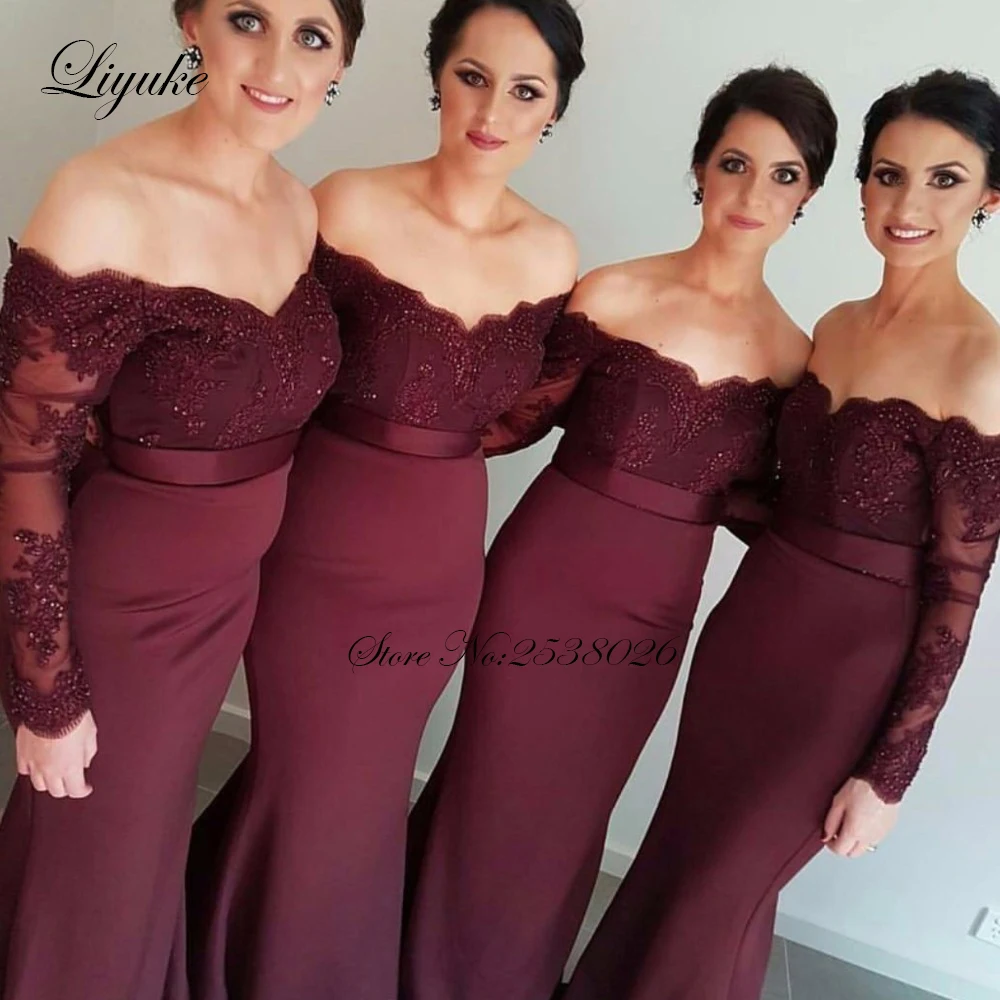 Liyuke Soft Stain Mermaid Bridesmaid Dress High Quality Off The Shoulder 16 Color Avaliable Sleeveless Formal Dress