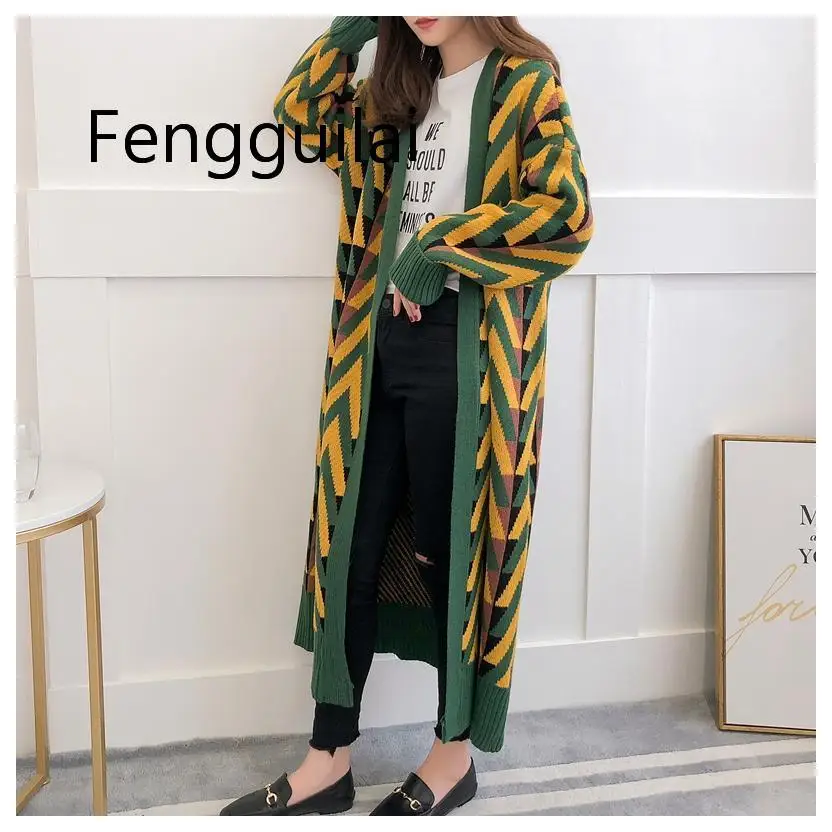 Women Long Sweater Cardigans 2020 Autumn Winter Long Sweater Jacket Geometric Knit Cardigans Long Overcoat Winter Coat Woman