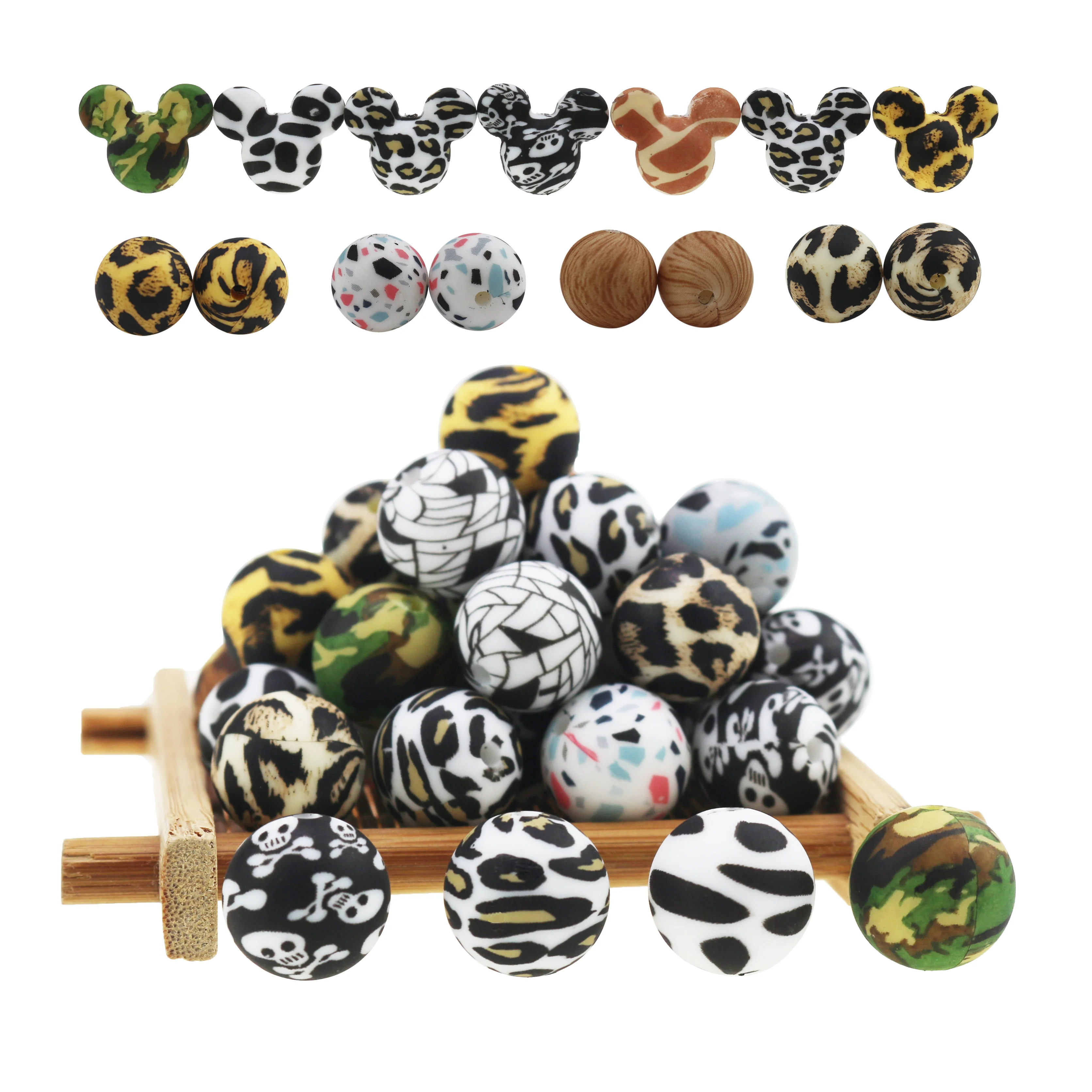 10pcs/LOT 13mm/15mm/17MM  Round Hexagon Mickey Baby Teether Leopard Print Teething Silicone Beads for Jewelry Making