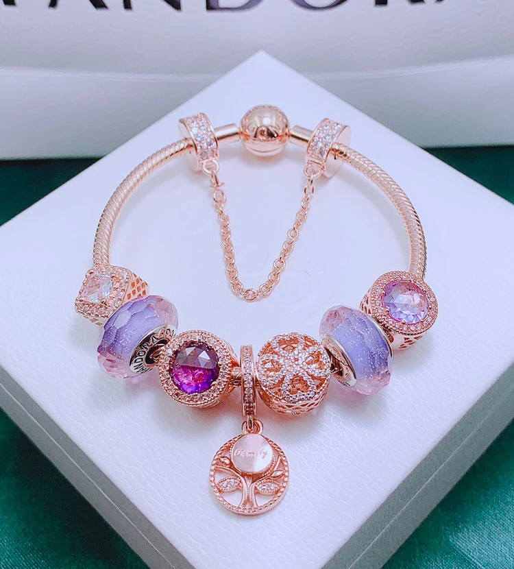 Finished Complete Rose Gold Plated Bracelet with Charms For Women Fit European Pandora Charm Beads Jewelry-Love Family