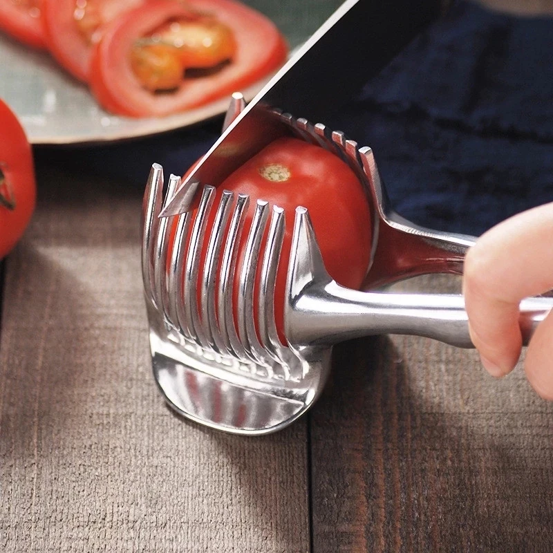 Kitchen Gadgets Handy Stainless Steel Onion Holder Potato Tomato Slicer Vegetable Fruit Cutter Accessories CF-228