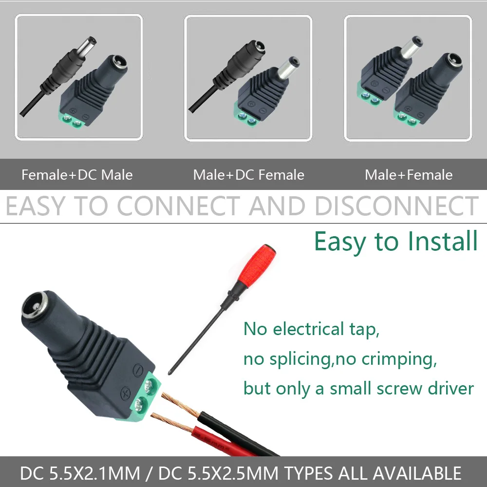 10pcs Cameras 2.1mm x 5.5mm Female Male DC Power Plug Adapter Female Jack Adapter Connector Male Plug Socket green 5.5x2.5mm DC