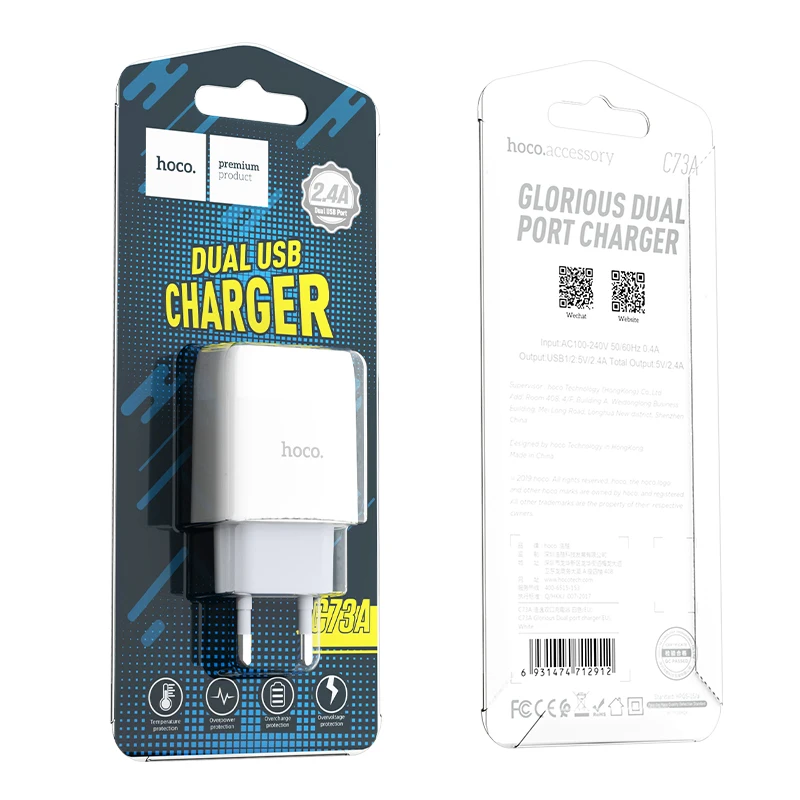 Hoco-cargador USB Dual para teléfono Samsung, adaptador de pared Mini para Xiaomi Mi 11/10 Pro, enchufe de la ue, ee. Uu. Y reino unido, 2.4A Max, A51, A71