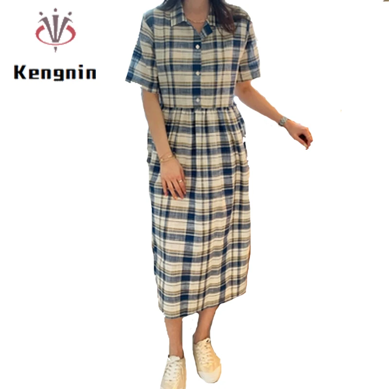 2023 Summer Women Dress Oversize Plaid Vestidos Loose Short Sleeve Female Dress Button Design Ladies Robe Clothing KE71