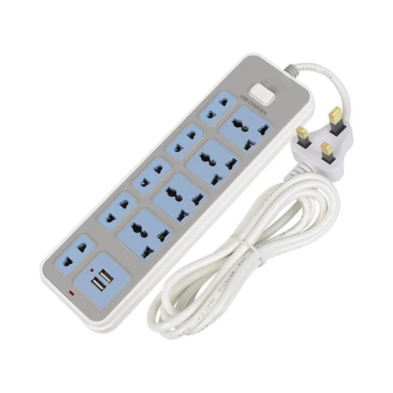 Power Strip 4AC Universal Outlets Plug 2USB 2m/6.4ft Extension Cord Individual Switched Overload Protection 2500W 10A Socket