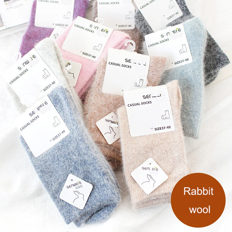 Winter New Thick Rabbit Merino Wool Socks Women's Winter Tube Socks Solid Color Ladies Cashmere Warm Snow Socks