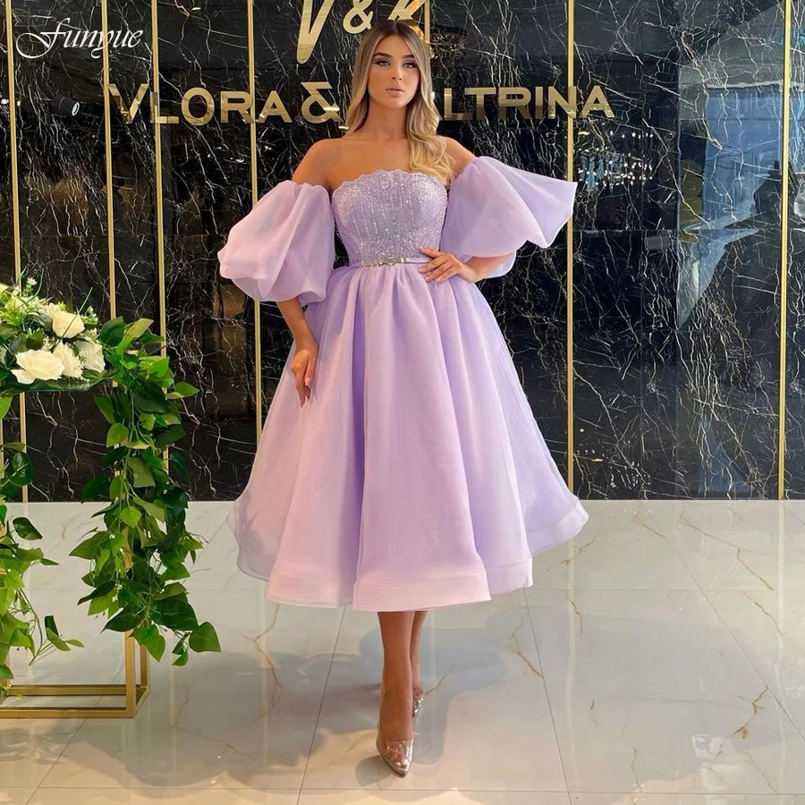 

Funyue Lilac Short Prom Dresses 2024 Off Shoulder Organza A-Line Lace Bodice Puffy Sleeves Tea-Length Evening Formal Party Gowns