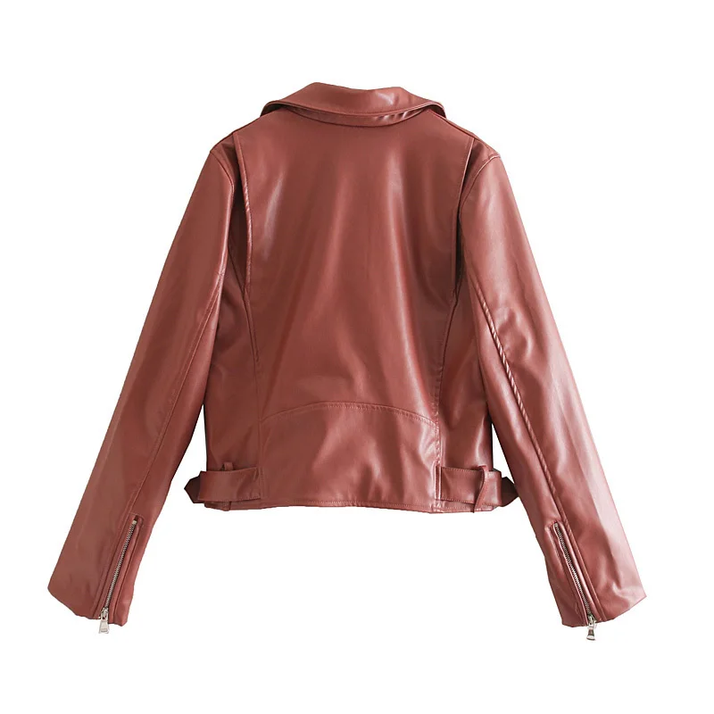 Baru Musim Gugur Wanita Hitam Pu Jaket Kulit Imitasi Streetwear Moto Biker Slim Fit Kerah Turn Down Mantel Pakaian Luar Warna Coklat Merek Populer