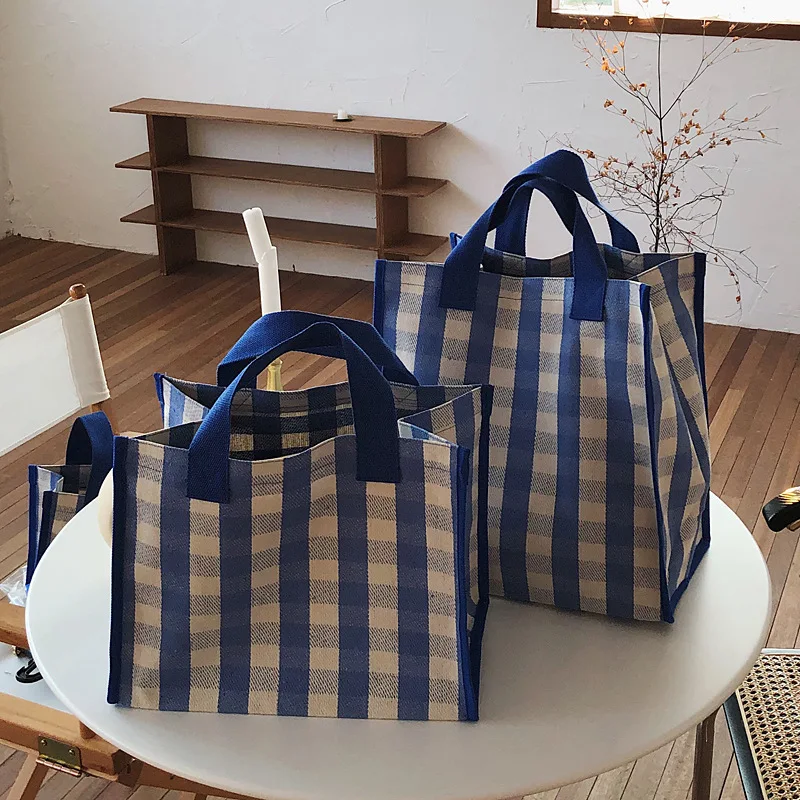 NEW simple Girls Canvas Bag Large Capacity Women Canvas Shoulder Bag Plaid Portable Hand Tote High Quality Handbag Bolso Mujer