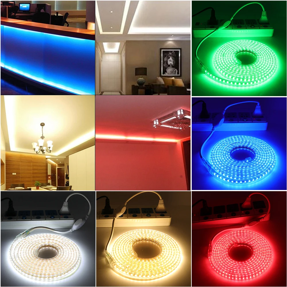 LEDストリップライト,調光可能,220ダイオード,白,赤,緑,120 V AC,防水,家庭用装飾用リボンライト,2835ダイオード/m