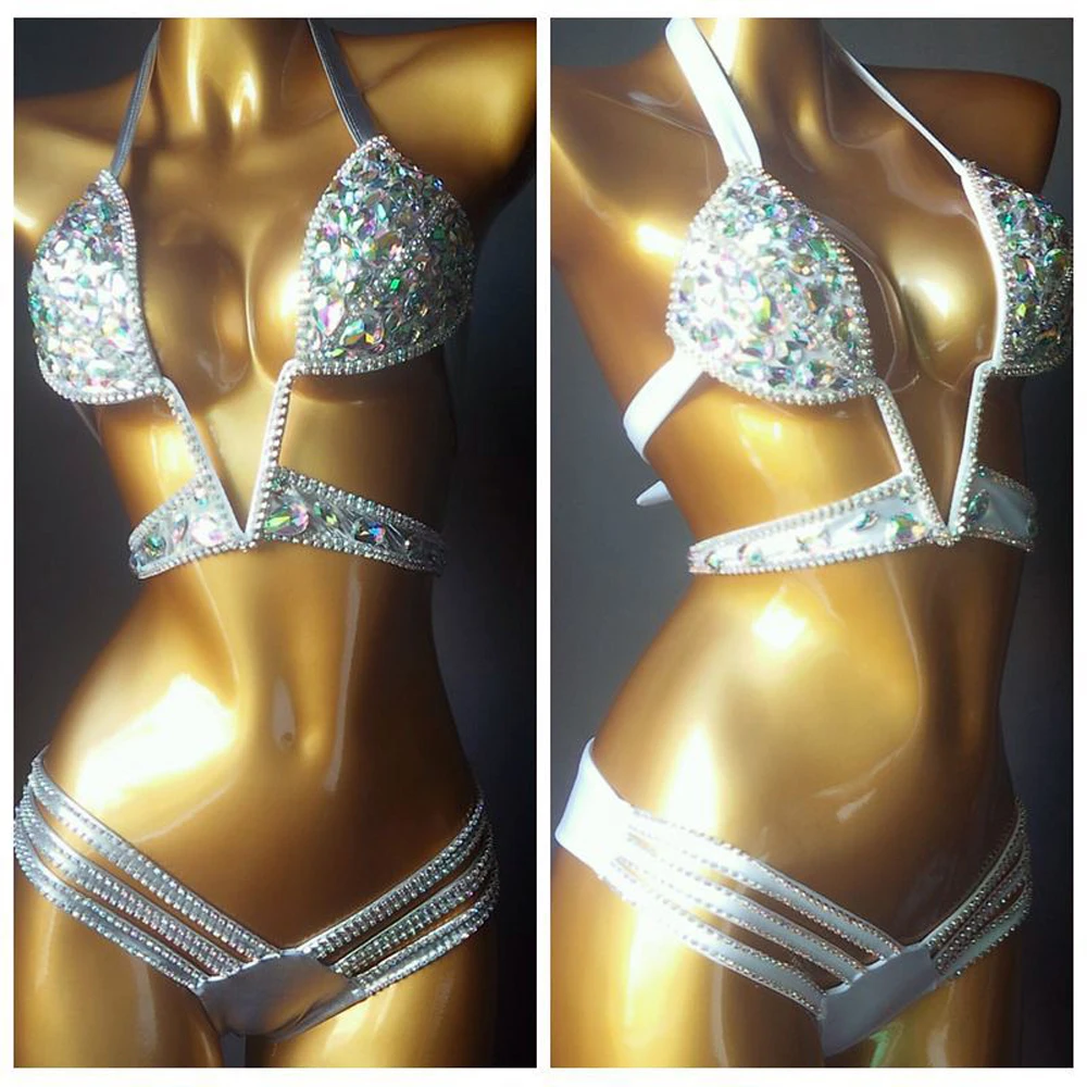 6 kolor luksusowy zestaw Bikini kobiety Bling Diamante karnawał biustonosz krótki Top kryształowe majtki Rave festiwal Burning Man strój sukienka do