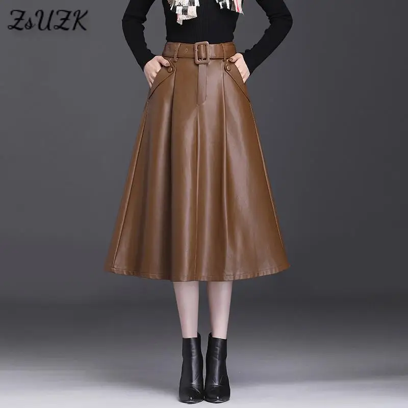 

Women Pu Leather A-Line Skirt With Belt 2021 Autumn Winter Fashion Pocket High Waist Elegant Office Lady Skirt