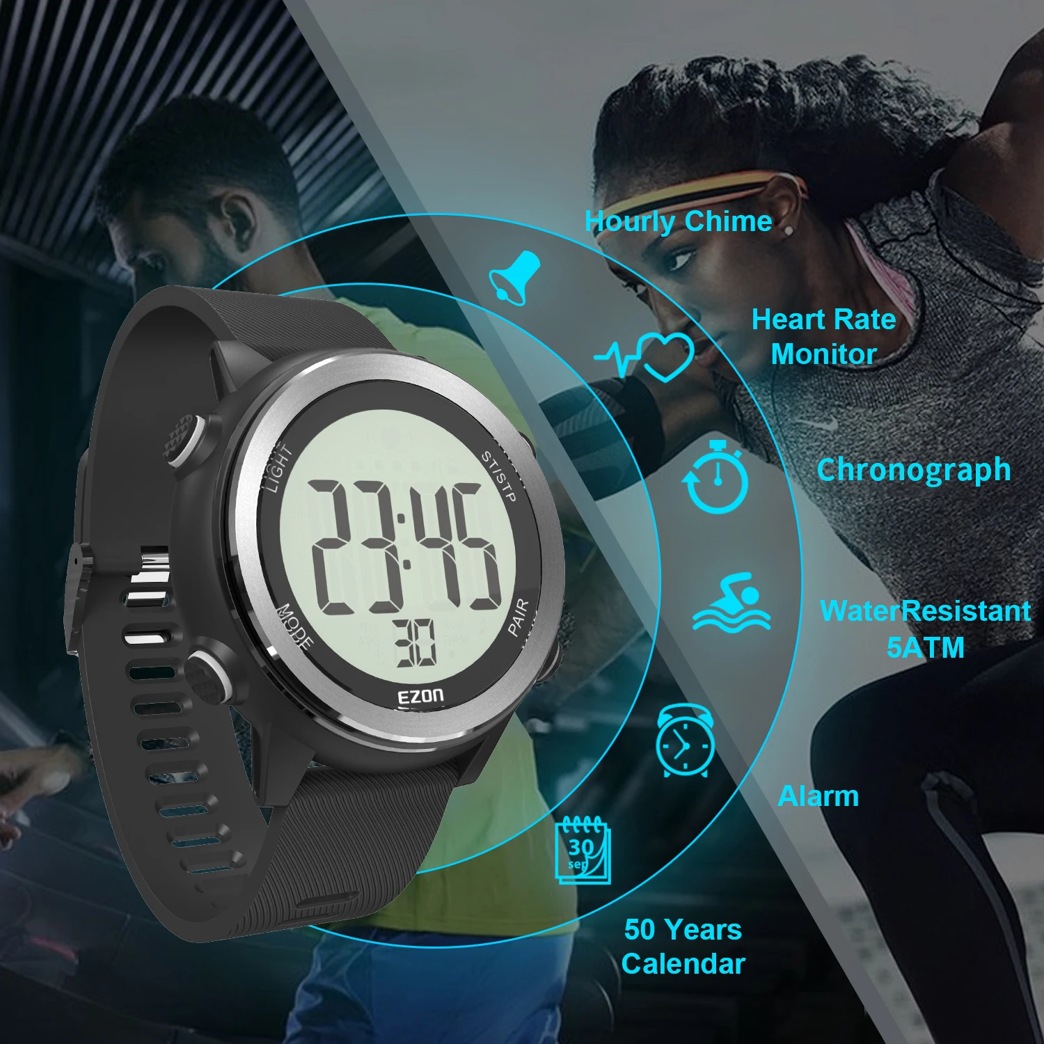 EZON T057 Men\'s Heart Rate Monitor Running Digital Watch Alarm Chronograph Calorie Counter Sport Watch with Chest Strap