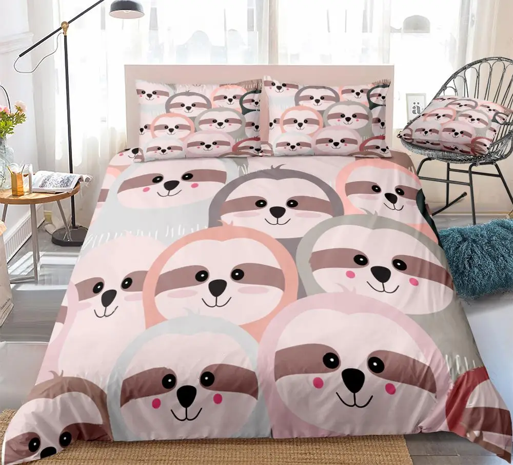 

Cartoon Sloth Duvet Cover Set Pink Grey Animal Bedding Kids Boys Girls Cute Sloth Quilt Cover Queen Bed Set Colorful Dropship