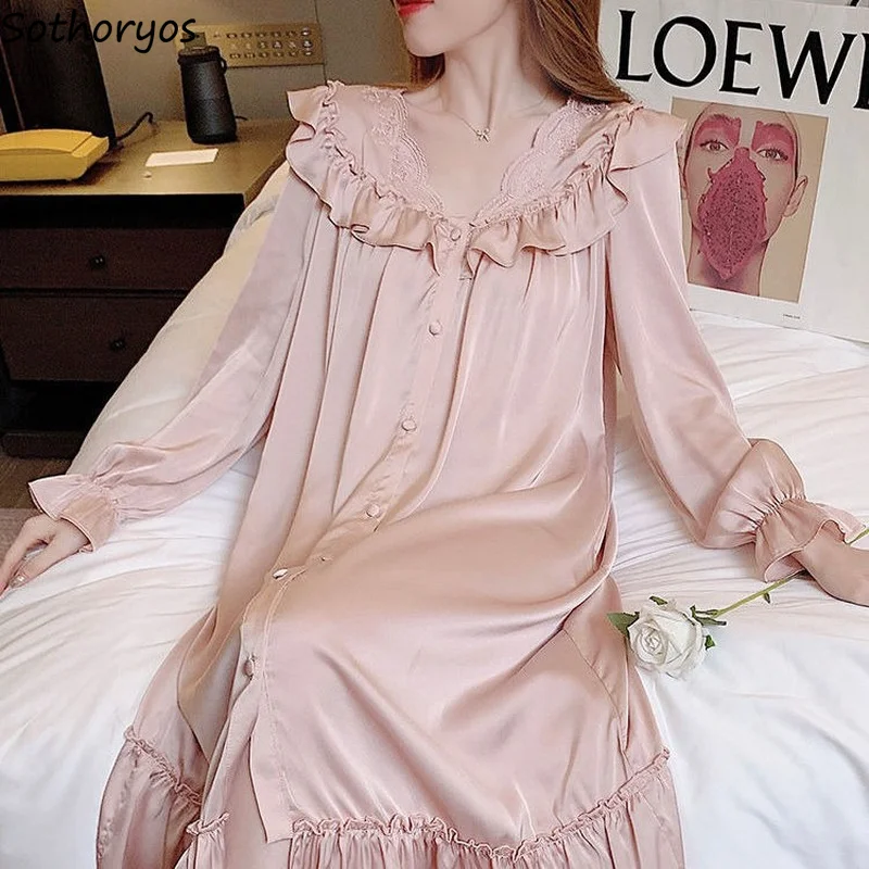 

Elegant Tender Cozy Long Sleeve Nightgowns Women Sweet Ruffle Sleepwear Loose Ins Stylish Vintage Solid V-neck A-line Nightdress