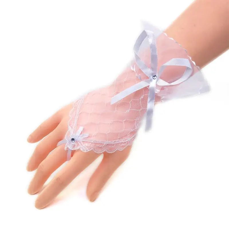 Women Bridal Wedding Short Fingerless Gloves Rhinestone Bowknot Sheer Mesh Lace Gauze Bridesmaids Sunscreen Hook Finger Mittens