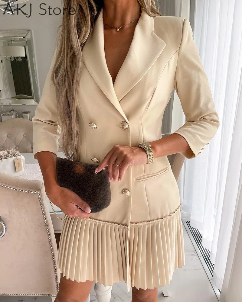 Women Elegant Double Breasted Pleated Blazer Dress