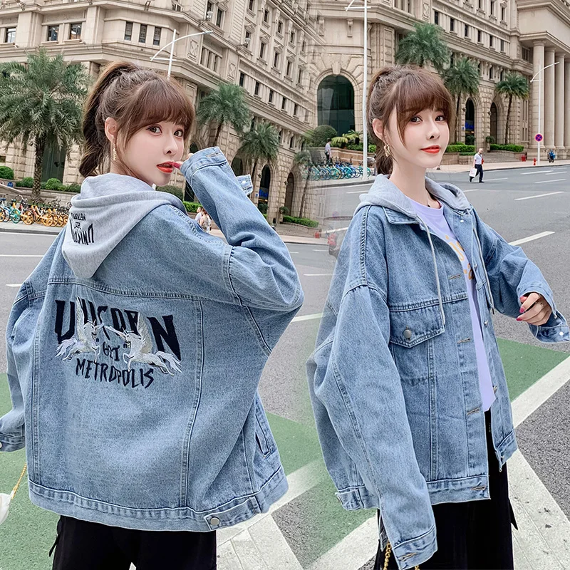 Embroidered Denim Jackets for Women, Spring Autumn Outside Wear, Loose Long, Removable Cap, Cowboy Jacket, Tops Streetwear, New