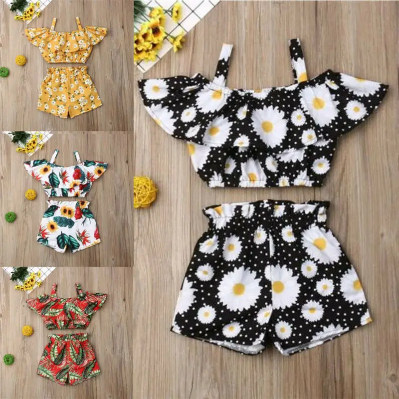 Kids Baby Girl Summer Toddler Outfits Clothes Off Shoulder Ruffles Shirt Tops Shorts Holidays Casual Girls Clothing 2Pcs Set