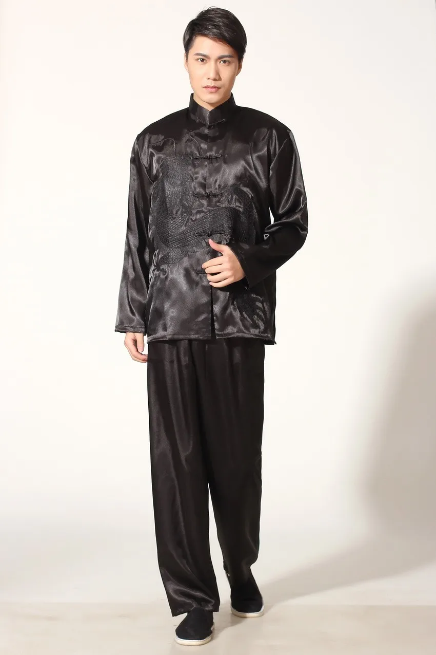 Costume Kung Fu en Satin noir pour hommes, Style traditionnel chinois, uniforme Vintage brodé Dragon Tai Chi Wushu, vêtements S M L XL XXL